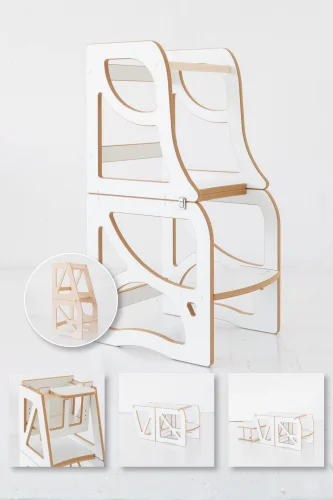 4 en 1 Tour d'observation NEST + fonction table et chaise + module repas en option – Blanc et bois – Tour d'apprentissage Montessori