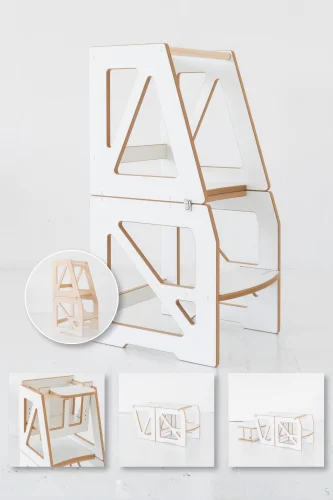 4 en 1 Tour d'observation STEP + fonction table et chaise + module repas en option – Blanc et bois – Tour d'apprentissage Montessori