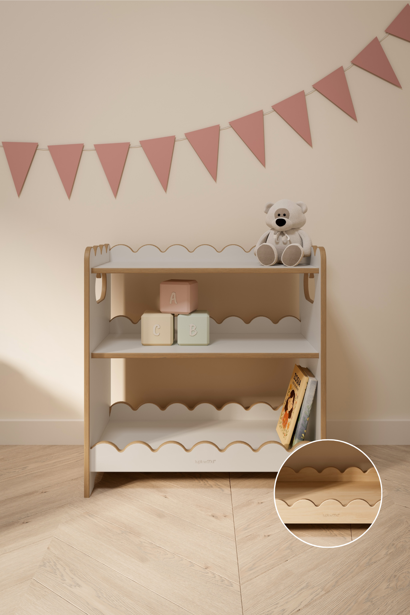 Étagère Montessori BUBBLE MAXI avec volant – blanc et naturel